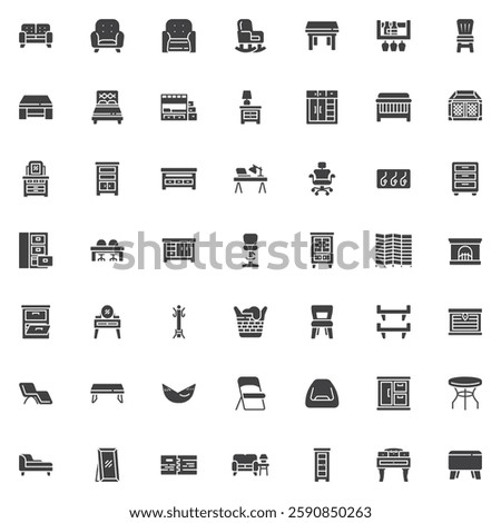 Furniture and decor vector icons set, modern solid symbol collection, filled style pictogram pack. Signs, logo illustration. Set includes icons as Sofa, Armchair, Chair, Table, Bed, Dresser, Rack