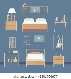 Furniture and decoration for bedroom, isolated interior, and accessories for home. Bed and pillows, vanity table and carpet, lamp and nightstand with drawers and storage system. Vector in flat style