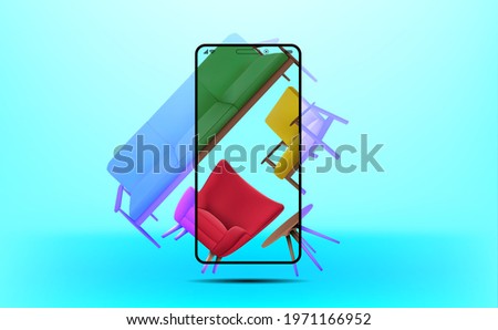 Furniture decorations interior design, sofa, tables, and chairs home furnishings to serve as an advertisement for online shopping via an application as a background on the screen of a mobile phone.