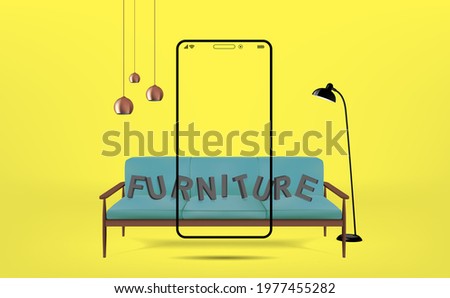 Furniture decorations interior design, sofa, tables, and chairs home furnishings to serve as an advertisement for online shopping via an application as a background on the screen of a mobile phone