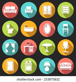 Furniture decorative icons set  flat style icons in circles with long shadows. Vector illustration.