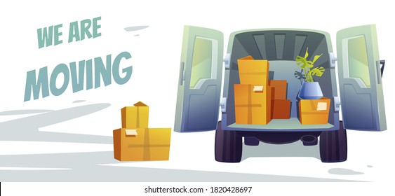 Furniture delivery banner with open truck and packing boxes inside. House moving concept. Vector cartoon illustration for relocation service with freight van for carry estate and cargo