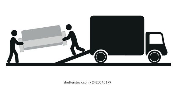 furniture delivery, pictogram, two movers carrying a sofa, figures of people, a truck for furniture delivery, flat illustration