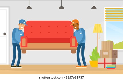 Furniture Delivery Service, Two Delivery Men In Uniform Carrying Sofa To Customer Apartments, Relocation Service Workers Vector Illustration