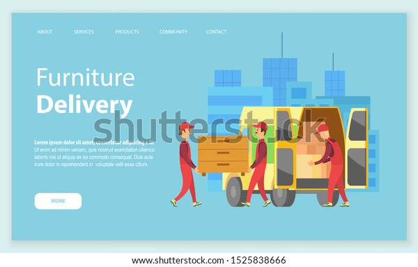 Furniture delivery vector, people carrying chest of\
drawers and bought wooden products in lorry, . Transportation and\
shipping of goods in car. Website or webpage template, landing page\
flat style