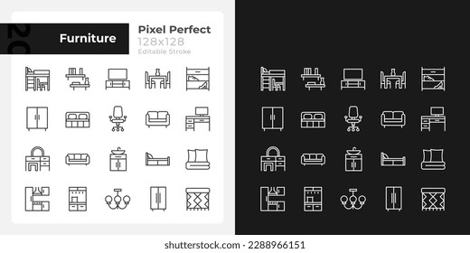 Los iconos lineales perfectos del píxel del departamento de mobiliario se configuran para el modo oscuro y claro. Mobiliario para salón, dormitorio. Equipo doméstico. Símbolos delgados para la noche, tema del día. Ilustraciones aisladas. Trazo editable