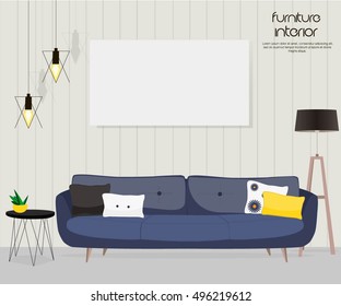 Furniture design. Interior. Sofa with pillows, lamp, pictures.