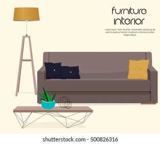 Furniture design. Interior. Sofa with pillows, lamps, table
