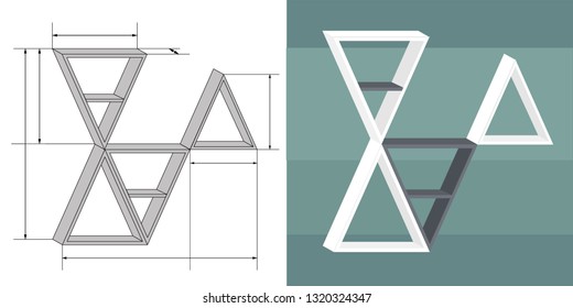 Furniture design. Project and visualization of furniture shelf. Drawing of triangular shelf in the interior. Vector illustration.