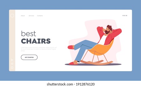 Furniture Design, Relaxing Sparetime Landing Page Template. Relaxed Male Character in Home Clothes and Slippers Sitting in Comfortable Chair Yawning after Work or Weekend. Cartoon Vector Illustration