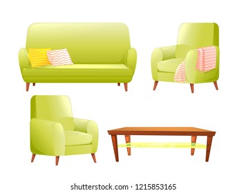 Furniture design set. Modern Sofa and chairs with a blanket, pillows and next to a wooden coffee table. Vector cartoon illustration