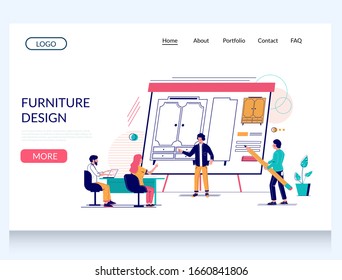 Furniture design vector website template, web page and landing page design for website and mobile site development. Professional designer team creating custom detailed wardrobe cabinet drawings.