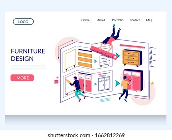 Furniture design vector website template, web page and landing page design for website and mobile site development. Professional furniture designers making cabinet drawings using pencil and ruler.