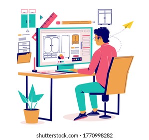 Furniture designer creating furnishings sitting at desk in front of computer, vector flat isometric illustration. Furniture maker designing wardrobe for manufacturer. Creative designer workplace.