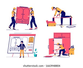 Furniture designer, deliveryman, carpenter, installer, collector cartoon character set, vector flat illustration isolated on white background. Furniture design, delivery, assembly services.