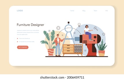 Furniture designer web banner or landing page. Industrial design artist creating modern environment object. Product usability design, manufacture development. Isolated vector illustration