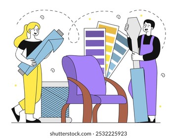 Furniture designers team. Man and woman near palette and chair. Interior designers choose decor elements for room. Residental building design. Linear vector illustration isolated on white background