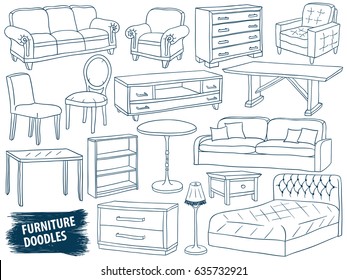 Furniture Doodles Set. Interior Design Sketch Collection. Home Accessories. Modern Armchair. Retro Sofa. Wooden Table. Room Interior. Bed, Lamp And Chest Of Drawers. Scrawl Furniture Vector.