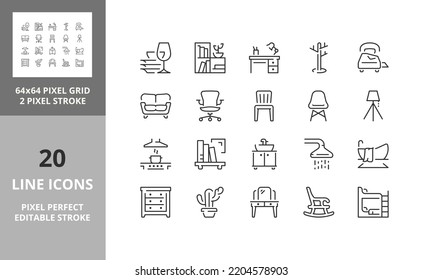 Furniture, drapery and home textiles. Thin line icon set. Outline symbol collection. Editable vector stroke. 64 and 256 Pixel Perfect scalable to 128px