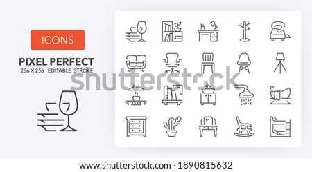 Furniture, drapery and home textiles. Thin line icon set. Outline symbol collection. Editable vector stroke. 256x256 Pixel Perfect scalable to 128px, 64px...