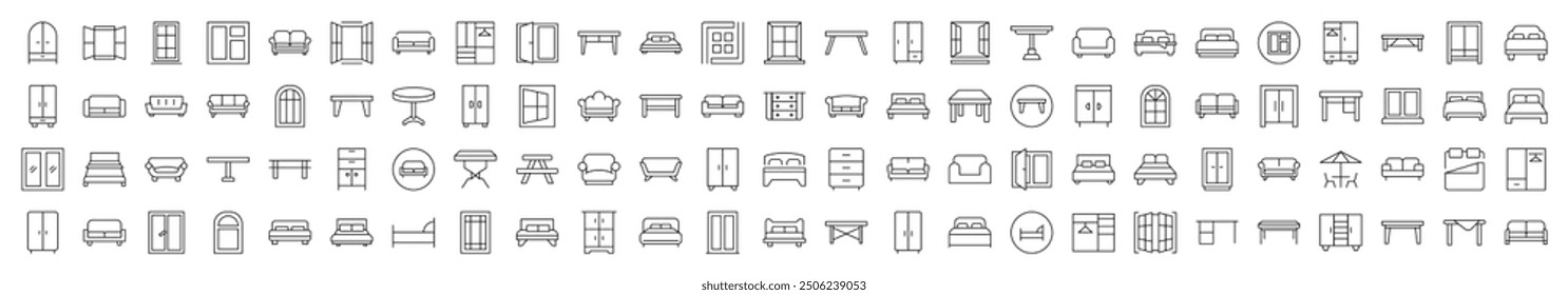 Furniture, Dresser, Couch, Sofa, Table, Window Outline Style Icons for Design, Cards, Apps, Social Networks