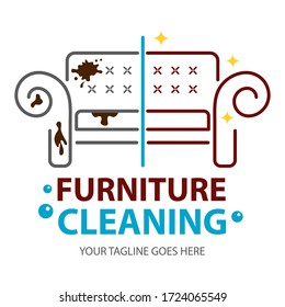 Furniture dry cleaning before and after logo flat concept. Sofa professional washing, laundry service. Furnishing delicate cleaning, stain removing equipment.