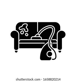 Furniture dry cleaning black glyph icon. Sofa professional washing, laundry service. Furnishing cleaning, stain removing equipment. Silhouette symbol on white space. Vector isolated illustration