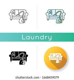 Furniture dry cleaning icon. Sofa professional washing, laundry service. Home furnishing delicate cleaning, stain removing equipment. Linear black and RGB color styles. Isolated vector illustrations