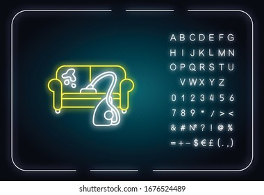 Furniture dry cleaning neon light icon. Sofa washing, laundry, furnishing delicate cleaning. Outer glowing effect. Sign with alphabet, numbers and symbols. Vector isolated RGB color illustration