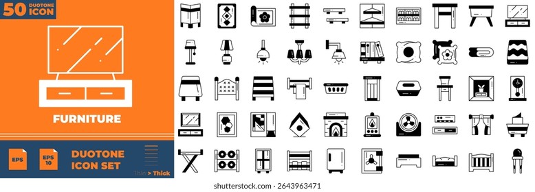 Furniture Duotone Editable Icons set. Vector illustration in modern thin duotone style of furniture icons: sofa, chair, table, bed, lamp, etc