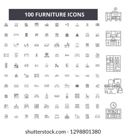 Furniture editable line icons, 100 vector set, collection. Furniture black outline illustrations, signs, symbols
