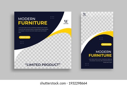 Furniture Editable Minimal Square Banner Template. Yellow Black Background Color With Geometric Shapes For Social Media Post, Story And Web Internet Ads. Vector Illustration