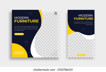 Furniture Editable minimal square banner template. Yellow black background color with geometric shapes for social media post, story and web internet ads. Vector illustration