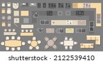Furniture elements and equipment top view for kitchen and dining room, house, apartment, office. Vector set of Interior icon. Equipment, table, chair, sink. Symbol for interior design, plan, project