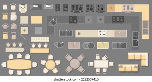 Furniture elements and equipment top view for kitchen and dining room, house, apartment, office. Vector set of Interior icon. Equipment, table, chair, sink. Symbol for interior design, plan, project