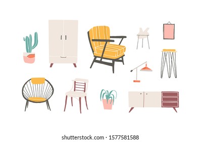 Furniture elements hand drawn vector illustrations set. Living room furnishing. Comfortable and stylish armchair, wardrobe, cupboard and houseplants in pots. Scandinavian style home decoration pieces.