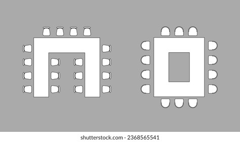 Furniture elements, tables and seats top view for conference, auditorium, classroom with place spectators. Kit for plan of office, lecture hall, workspace, education, school. Scheme chairs and tables