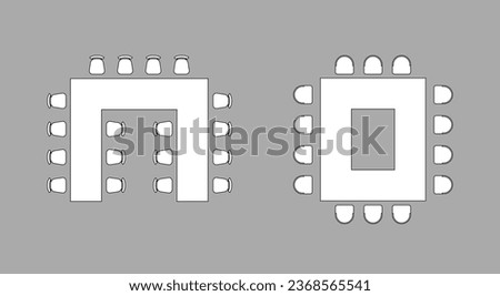 Furniture elements, tables and seats top view for conference, auditorium, classroom with place spectators. Kit for plan of office, lecture hall, workspace, education, school. Scheme chairs and tables
