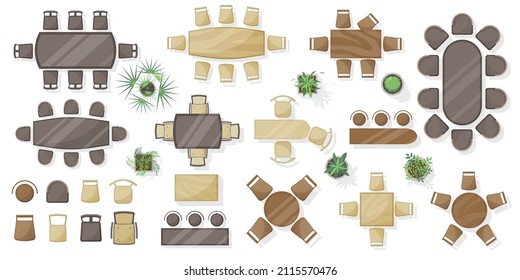 Furniture elements, tables top view for project, dining room, kitchen, living room, office, house, apartment. Isolated Elements for Interior design. Tables, chairs. Furniture symbol set