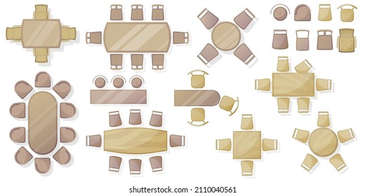 Furniture elements top view for dining room, kitchen, living room, office, house, apartment. Interior icon, tables, chairs, plants. Furniture symbol set for interior design. Isolated Vector