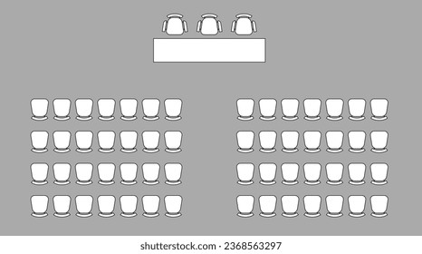Furniture elements top view, plan of auditorium, classroom with place spectators. Kit for plan of office, lecture hall, workspace, education, school. Scheme chairs and tables. Collection for interior