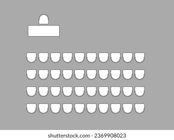 Furniture elements top view, plan of auditorium, classroom with place spectators. Kit for plan of office, lecture hall, workspace, education, school. Scheme chairs and tables. Collection for interior