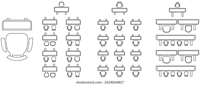 Furniture elements top view set for auditorium classroom with place spectators. Scheme chairs and tables. Collection for interior Top View. Vector Illustration