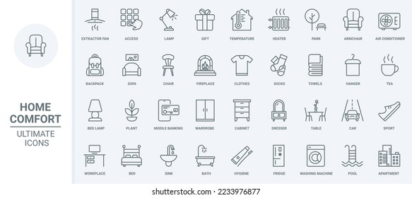 Mobiliario y equipo, elementos domésticos iconos de línea delgada conjunto ilustración vectorial. Resumen de diseño interior de la casa, símbolos de mobiliario de apartamentos para sala de estar, dormitorio, cocina y baño