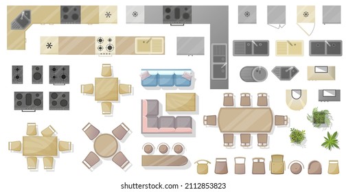 Furniture and equipment top view for plan of kitchen and dining room. Element set for House, apartment, office. Interior icon, equipment, tables, chair, sink. Furniture symbol Kit for interior design