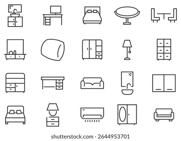 Mobília essenciais coleção de arte da linha. Incluindo móveis de linha plana ícones Cozinha, quarto, mesa de sofá, cadeira, colchão, lâmpadas, escada. Uma coleção de minimalistas ilustrando a decoração da casa. 