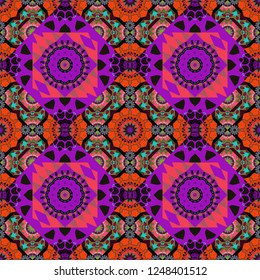 For furniture, fabric, textile. Abstract geometric seamless pattern painted in violet, beige and black colors. Vector geometric ornament texture with linear stars, angular geometric figures.