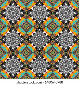 For furniture, fabric, textile. Abstract geometric seamless pattern painted in yellow, blue and gray colors. Vector geometric ornament texture with linear stars, angular geometric figures.