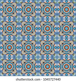 For furniture, fabric, textile. Vector geometric ornament texture with linear stars, angular geometric figures. Abstract geometric seamless pattern painted in brown, gray and blue colors.