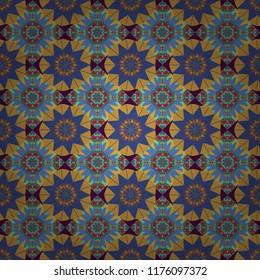 For furniture, fabric, textile. Vector geometric ornament texture with linear stars, angular geometric figures. Abstract geometric seamless pattern painted in yellow, blue and violet colors.